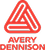Red Avery Dennison logo featuring a stylized triangular knot design above the brand name in bold uppercase letters.