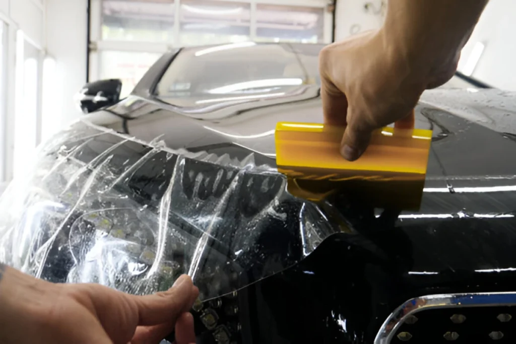 Close-up of a technician applying a clear paint protection film to the front end of a black car using a yellow squeegee to smooth out bubbles and wrinkles.