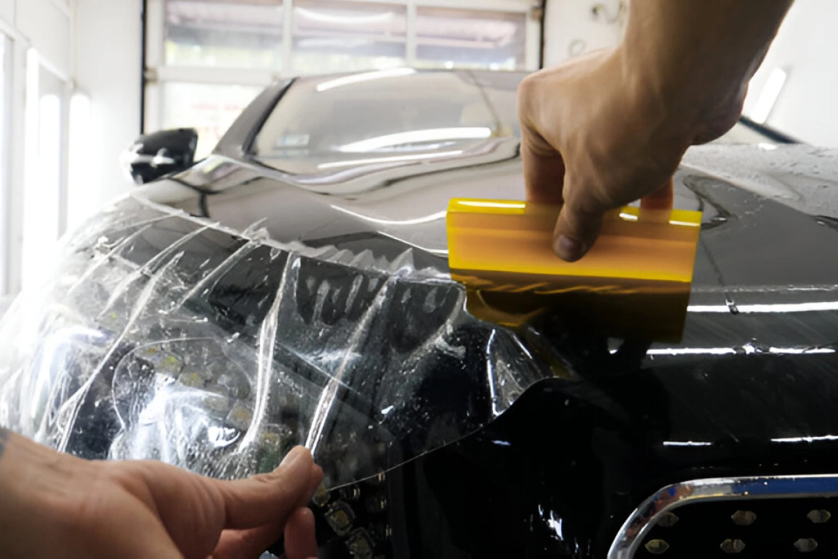 Close-up of a technician applying a clear paint protection film to the front end of a black car using a yellow squeegee to smooth out bubbles and wrinkles.