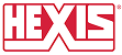 HEXIS logo in bold red and white block letters, featuring a stylized cutout design that merges the letters for a dynamic, modern look.