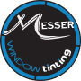 Circular logo for "Messer Window Tinting" with a stylized white "M" and "ESSER" in white text on a black background, surrounded by a segmented blue ring that says "WINDOW tinting."