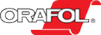 ORAFOL logo with bold white letters outlined in black, set against a dynamic red banner shape that curves behind the text.