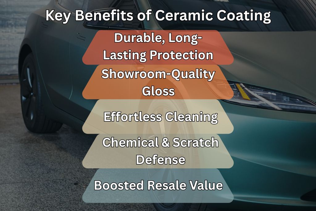 A teal car is partially shown in the background with a transparent pyramid overlay listing key benefits of ceramic coating, including durable protection, showroom-quality gloss, effortless cleaning, chemical and scratch defense, and boosted resale value.