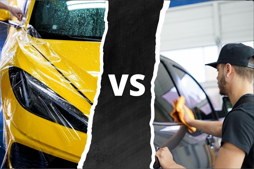 Side-by-side comparison image showing a yellow car with paint protection film being applied on the left and a man polishing a dark-colored car with a microfiber cloth on the right. A bold “VS” in the center contrasts the physical protection of PPF with the glossy finish benefits of ceramic coating.