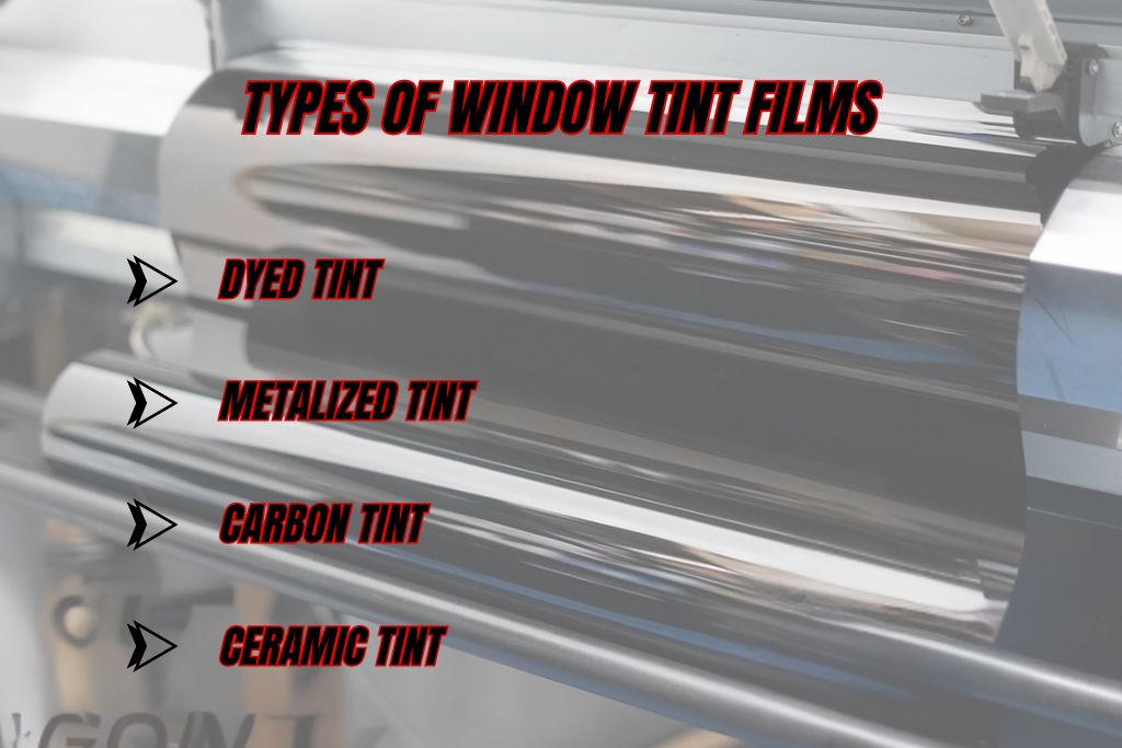 Infographic showing four types of window tint films—dyed tint, metalized tint, carbon tint, and ceramic tint—overlaid on a photo of window tint film rolls. This visual highlights the main types of window tint and helps Colorado drivers choose the best option based on performance and budget.
