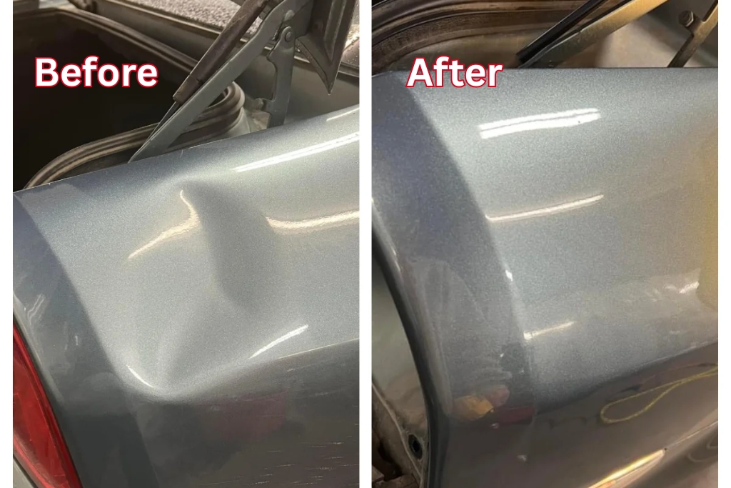 Side-by-side comparison of a car panel before and after paintless dent repair, showing a large dent near the trunk in the "Before" image and a completely smooth, undamaged surface in the "After" image.