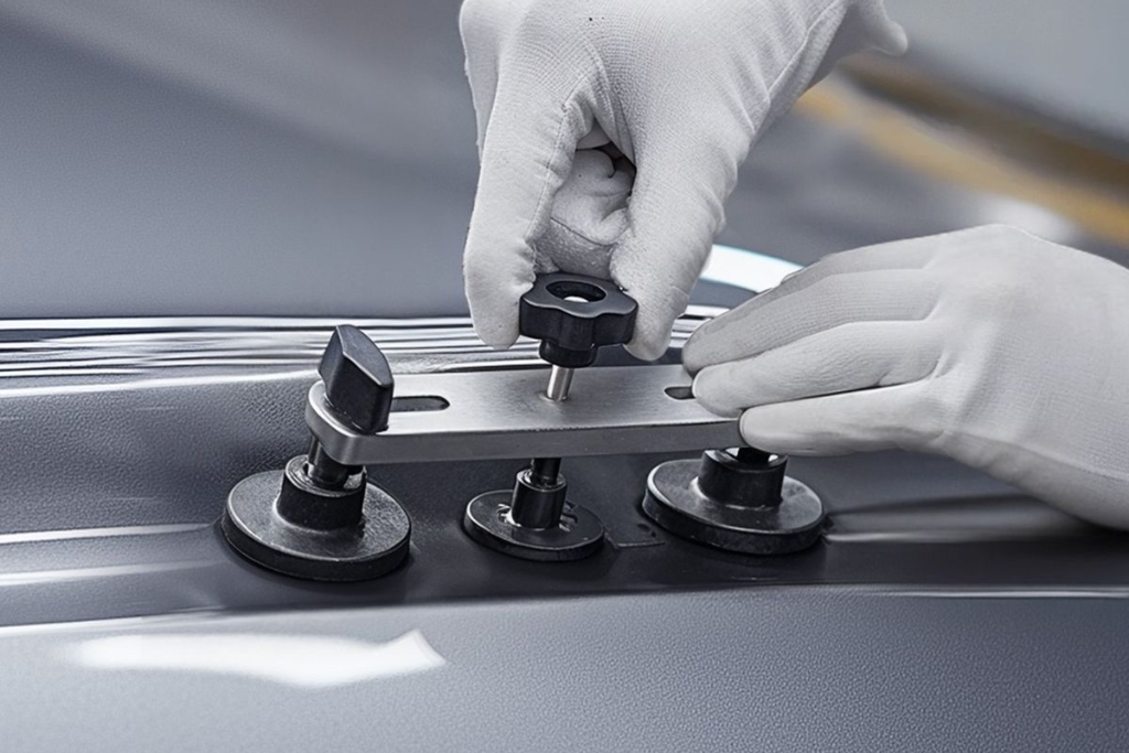 Close-up of a technician using a glue-pulling tool during a paintless dent repair, with white gloves adjusting a metal bridge and suction cups to gently pull out a dent on a car’s surface.