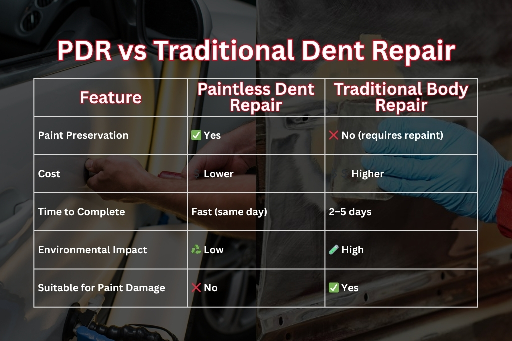 Side-by-side comparison chart of paintless dent repair vs traditional body repair, listing differences in paint preservation, cost, repair time, environmental impact, and suitability for paint damage, with visuals of technicians working on each type of repair in the background.