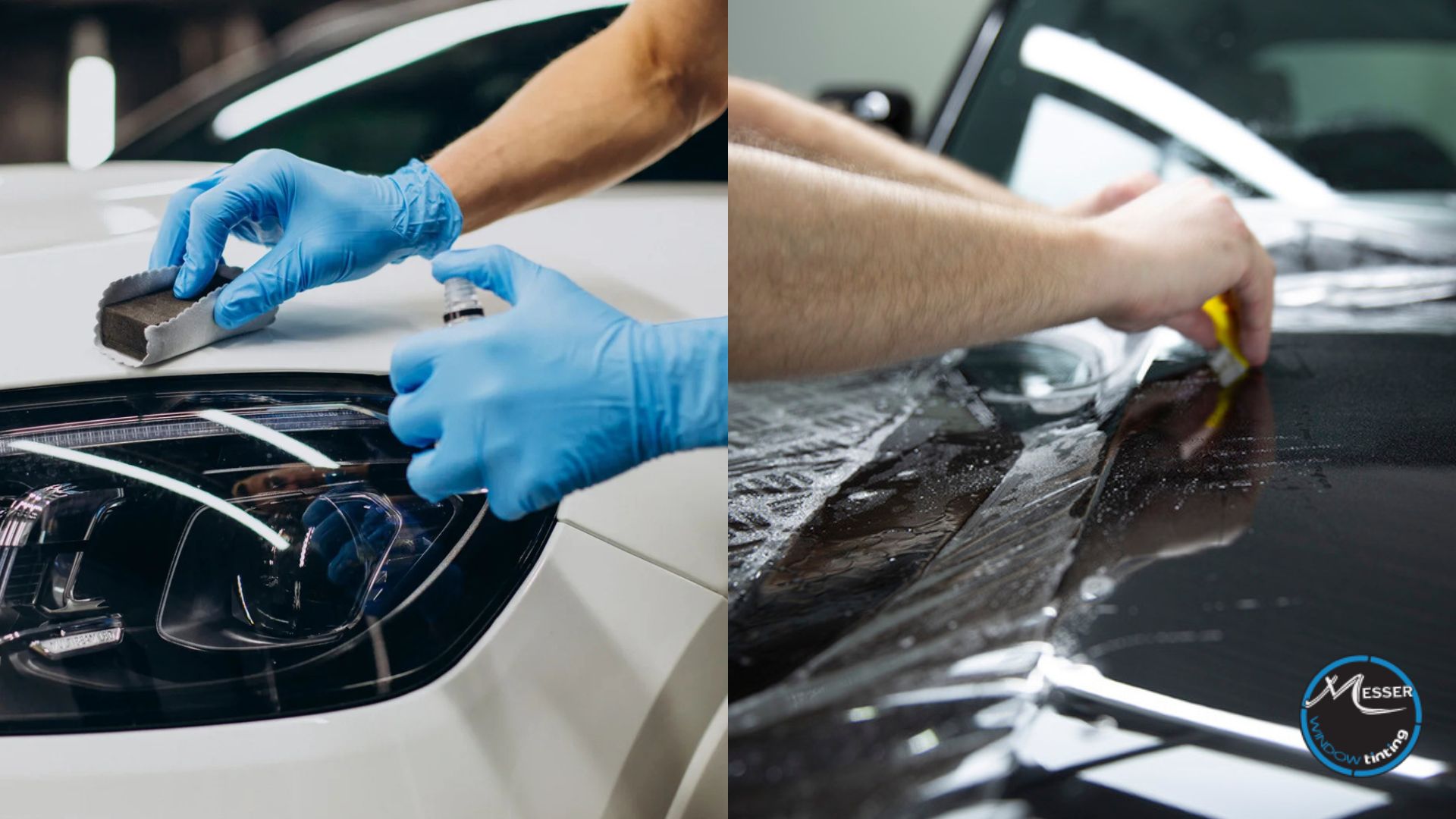Side-by-side comparison of a ceramic coating being applied to a white car with a microfiber-wrapped sponge and a paint protection film being installed on a black car hood using a squeegee.